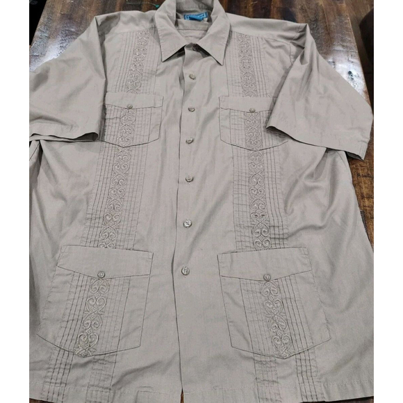 TropiCool Shirt Mens Large Short Sleeves Button Up Tan 4 Pockets Embroider Flaw - Picture 3 of 11